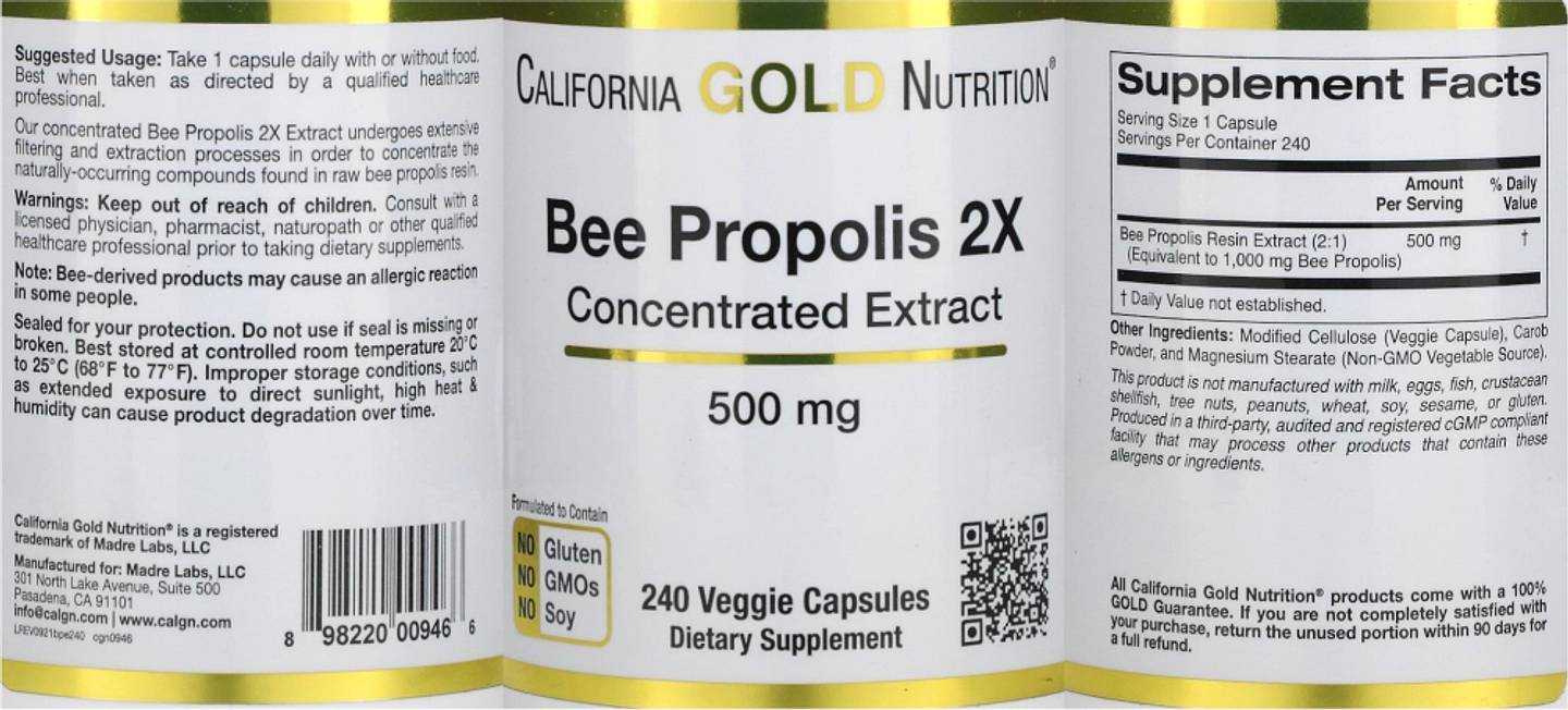 California Gold Nutrition, Bee Propolis 2X label