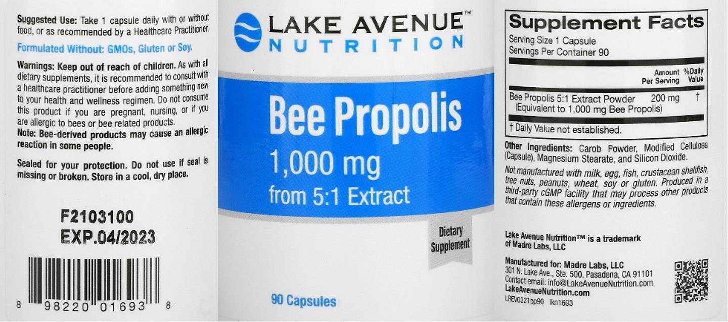 Lake Avenue Nutrition, Bee Propolis label