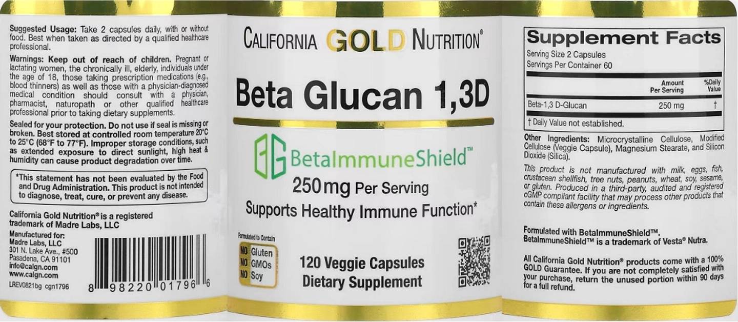 California Gold Nutrition, Beta Glucan 1-3D with Beta-ImmuneShield label