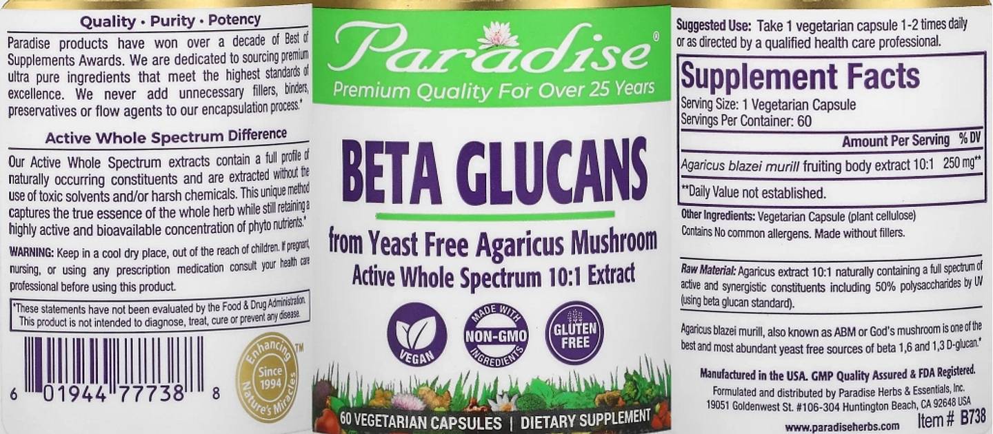 Paradise Herbs, Beta Glucans label