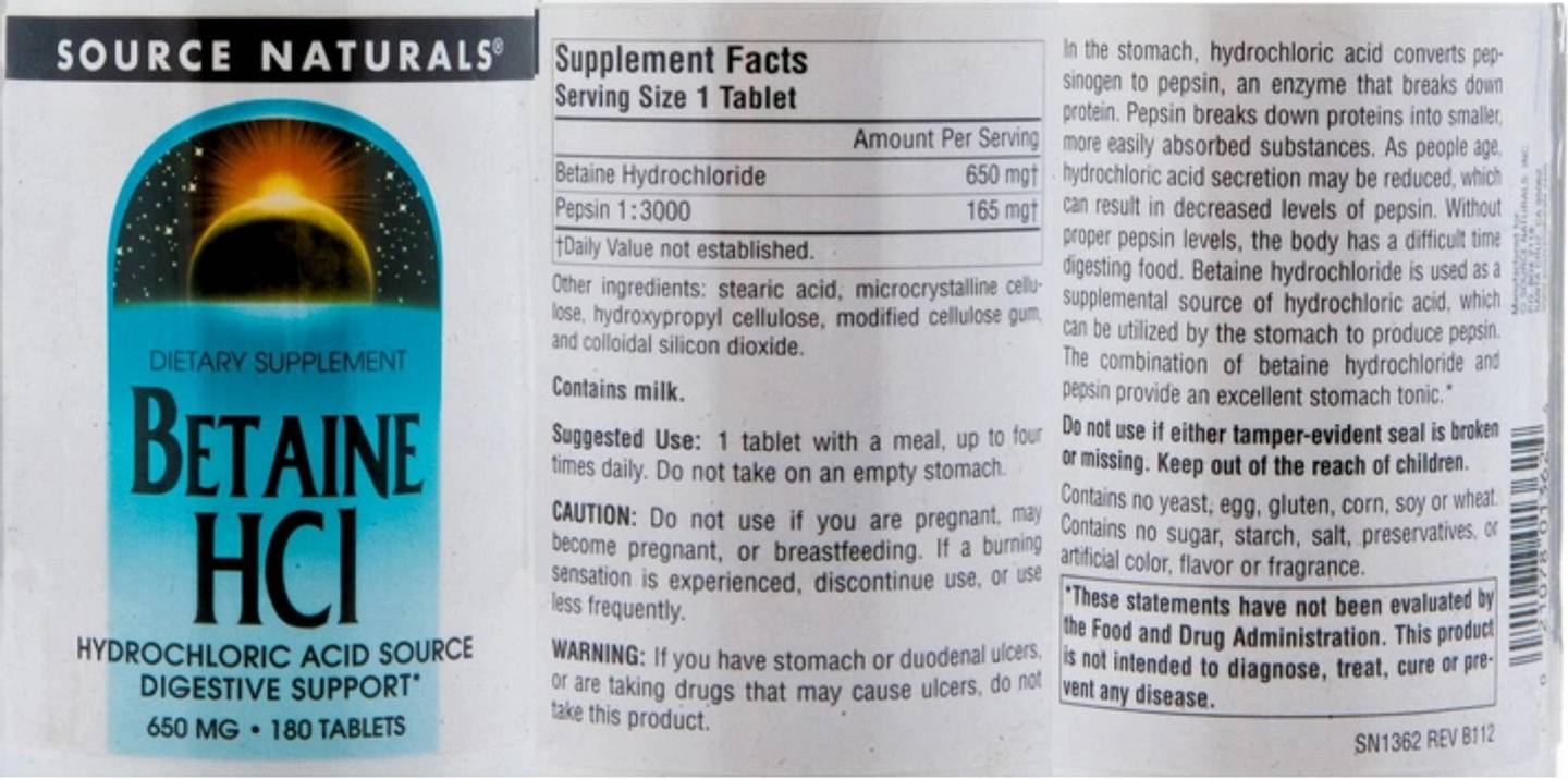 Source Naturals, Betaine HCl label