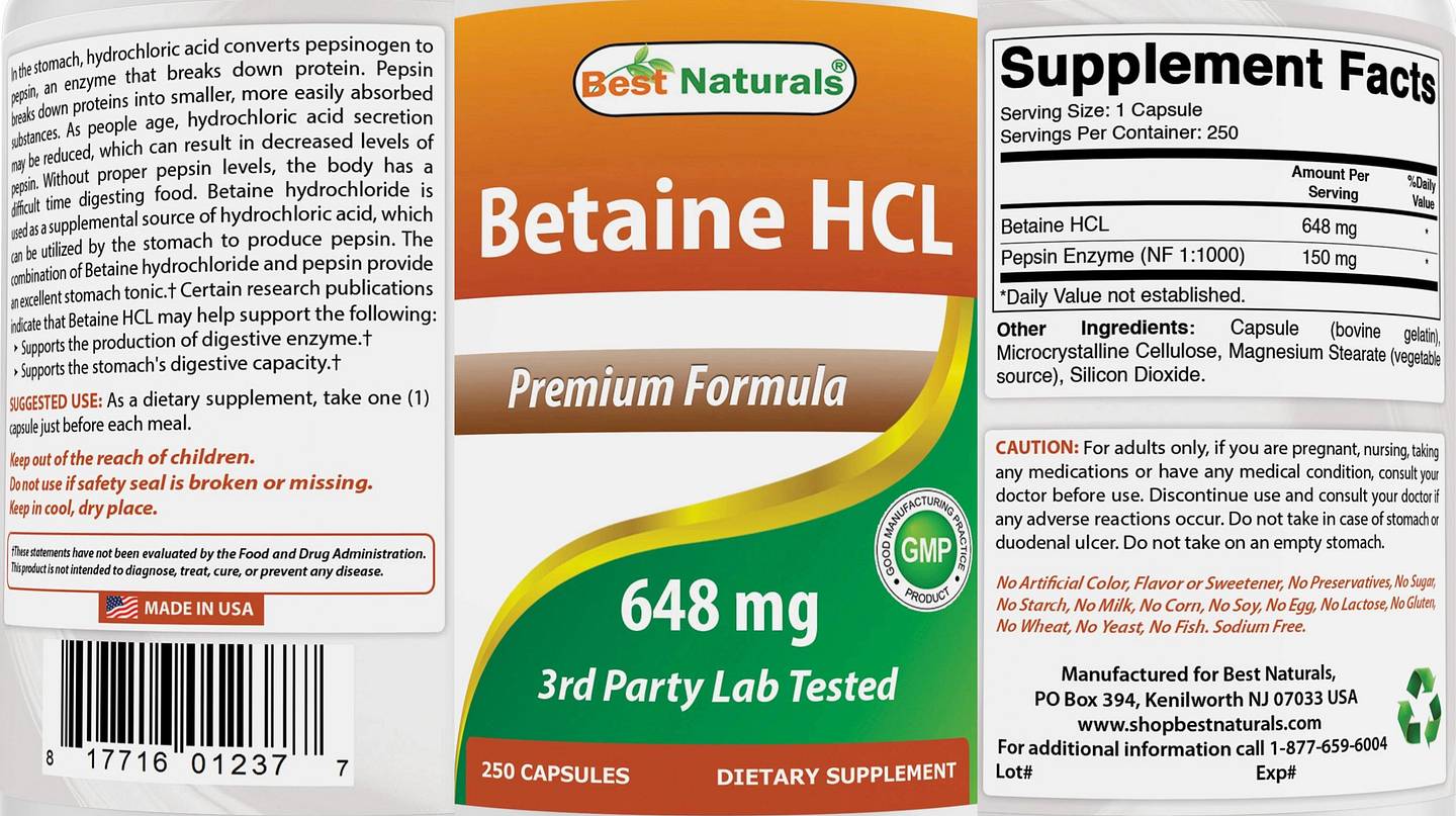 Best Naturals, Betaine HCL label