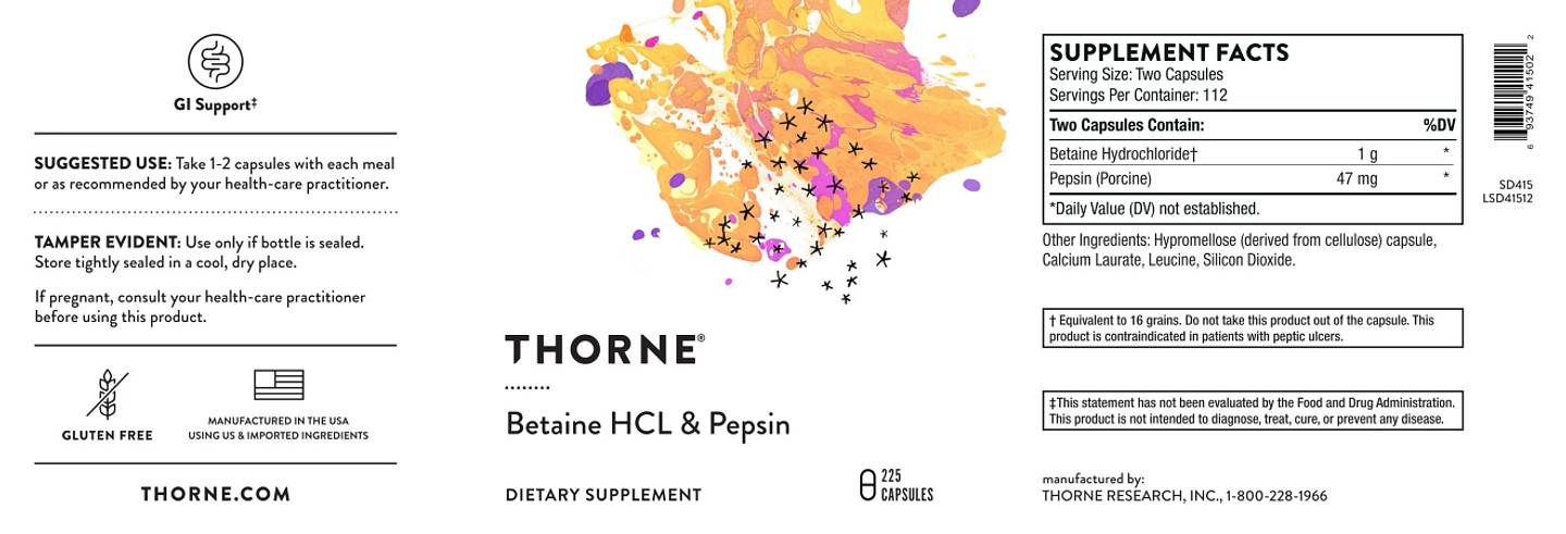 Thorne, Betaine HCL & Pepsin label