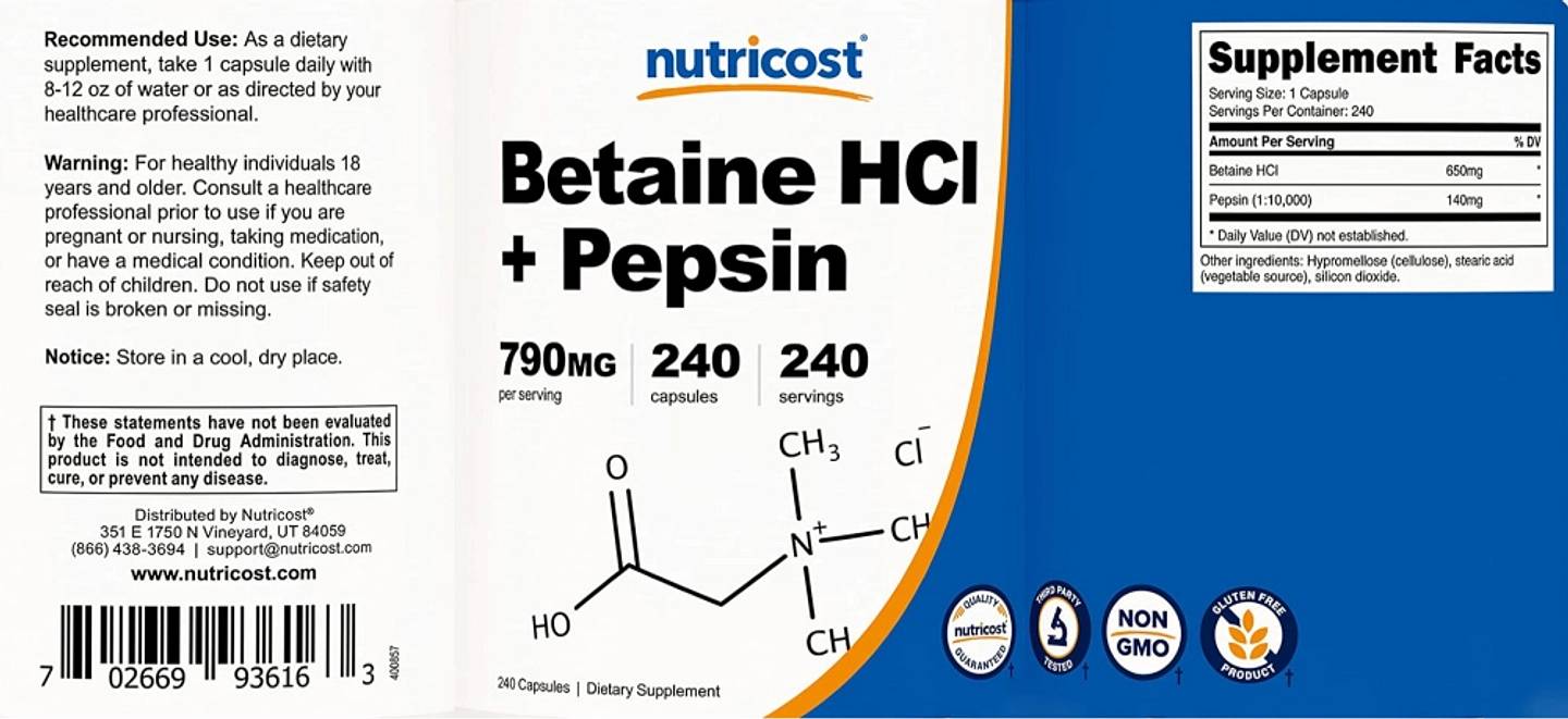 Nutricost, Betaine HCl + Pepsin label
