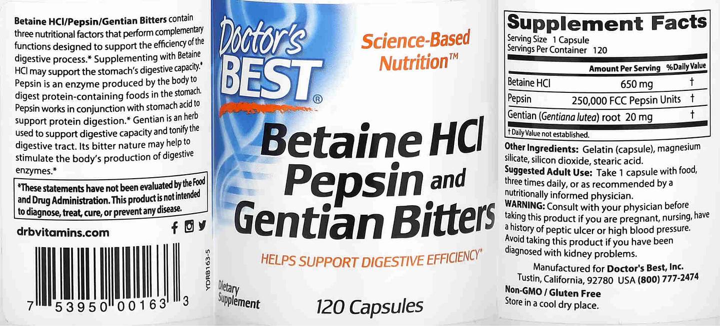 Doctor's Best, Betaine HCl Pepsin & Gentian Bitters label