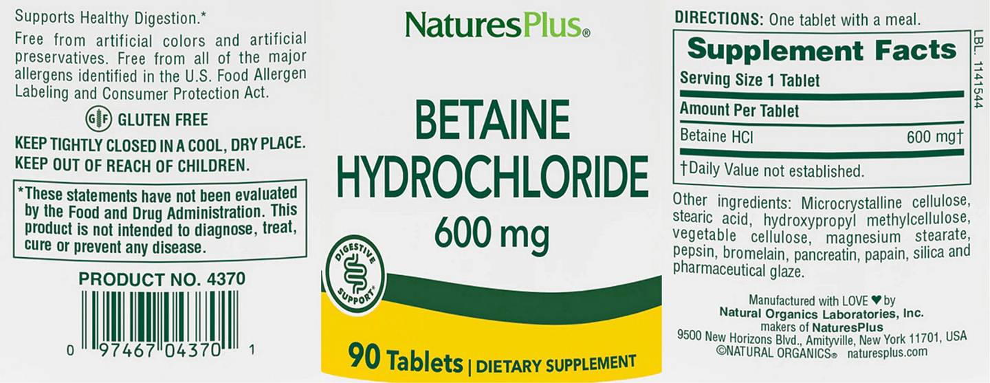 NaturesPlus, Betaine Hydrochloride label