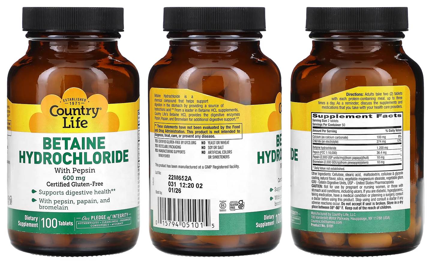 Country Life, Betaine Hydrochloride with Pepsin packaging