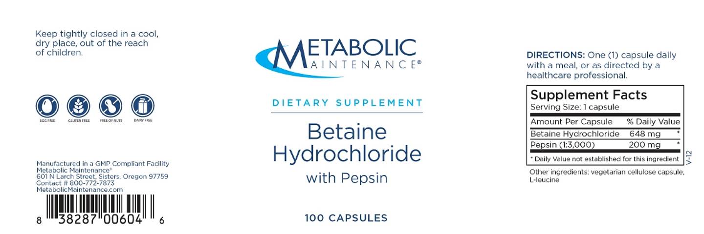 Metabolic Maintenance, Betaine Hydrochloride With Pepsin label