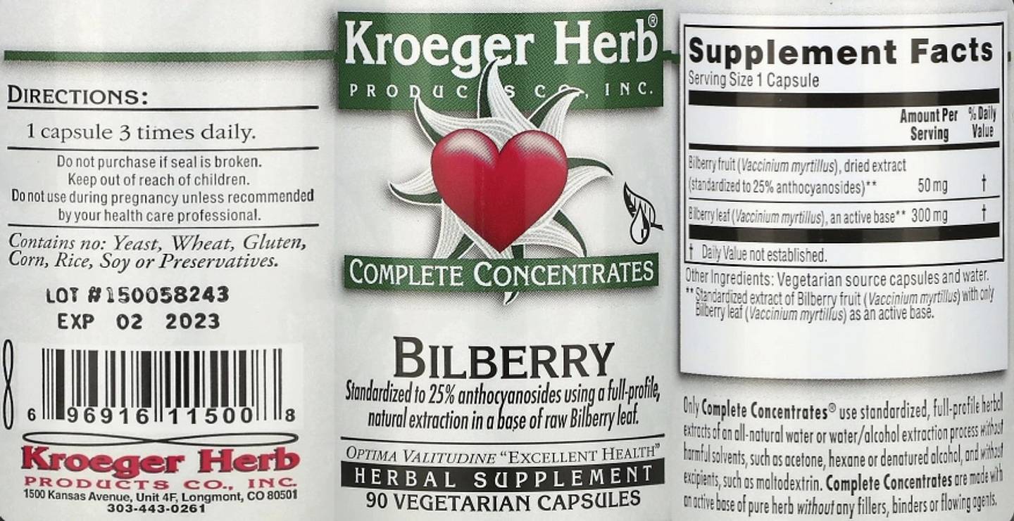 Kroeger Herb Products, Bilberry label