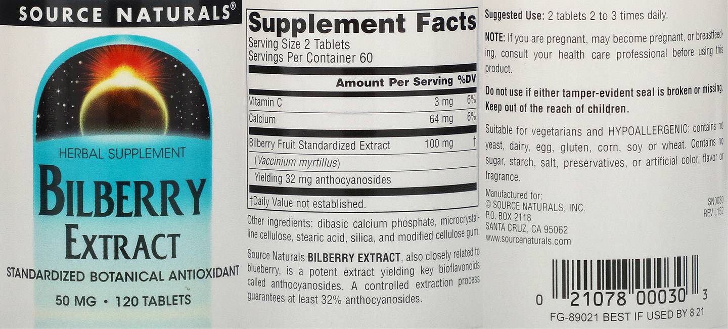 Source Naturals, Bilberry Extract label