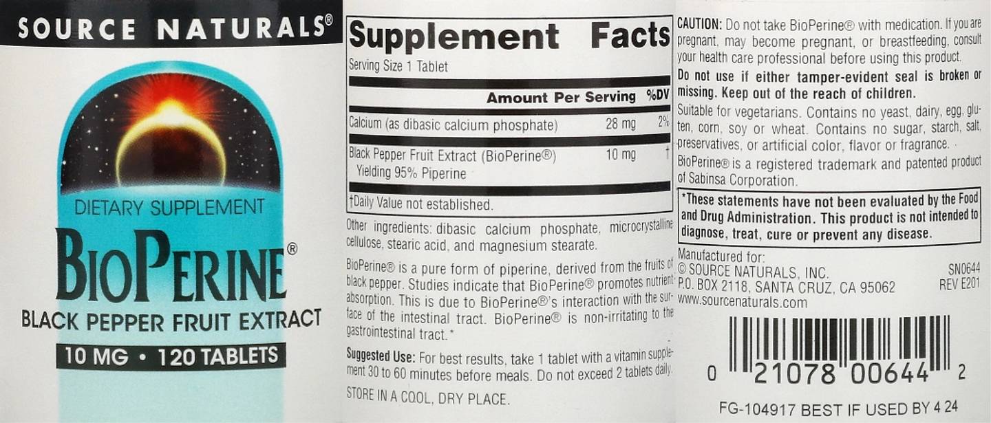 Source Naturals, BioPerine label