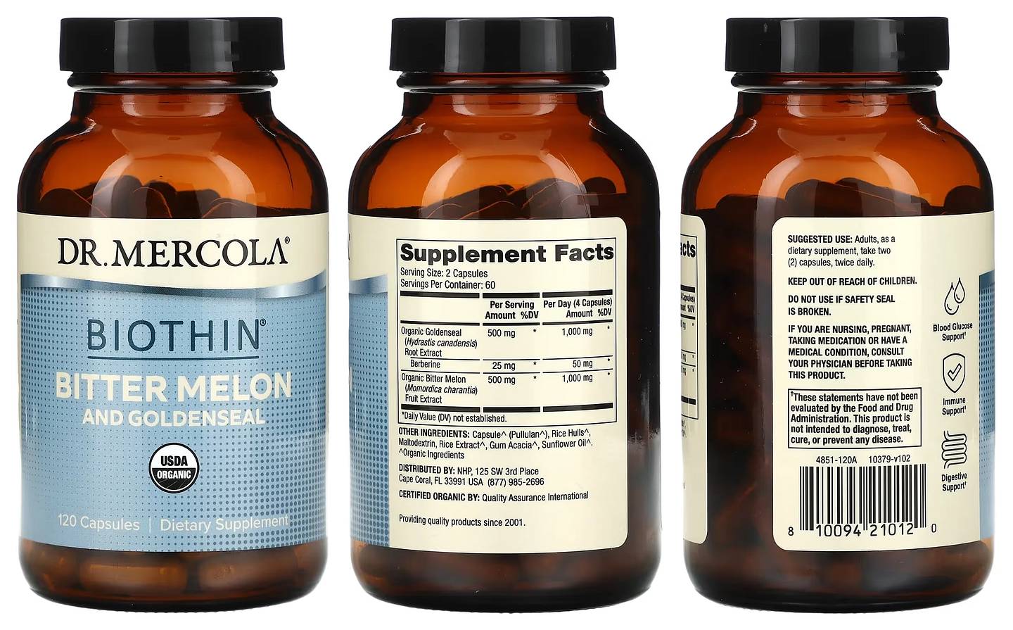 Dr. Mercola, Biothin, Bitter Melon and Goldenseal packaging