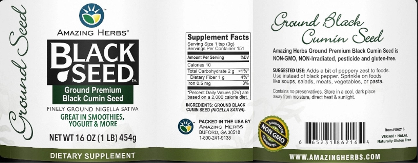 Amazing Herbs, Black Seed, Ground Premium Black Cumin Seed label