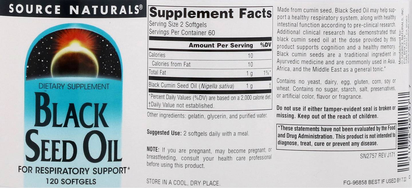 Source Naturals, Black Seed Oil label