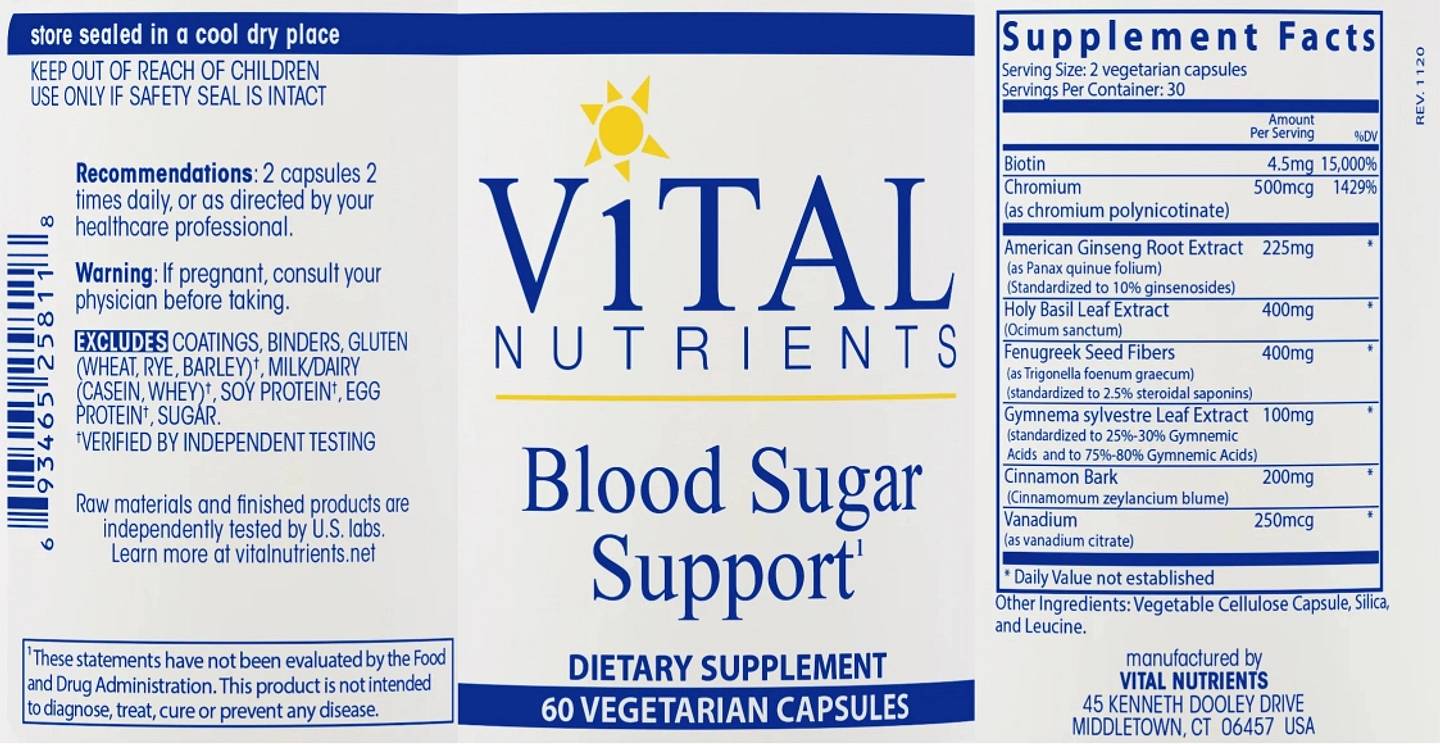 Vital Nutrients, Blood Sugar Support label