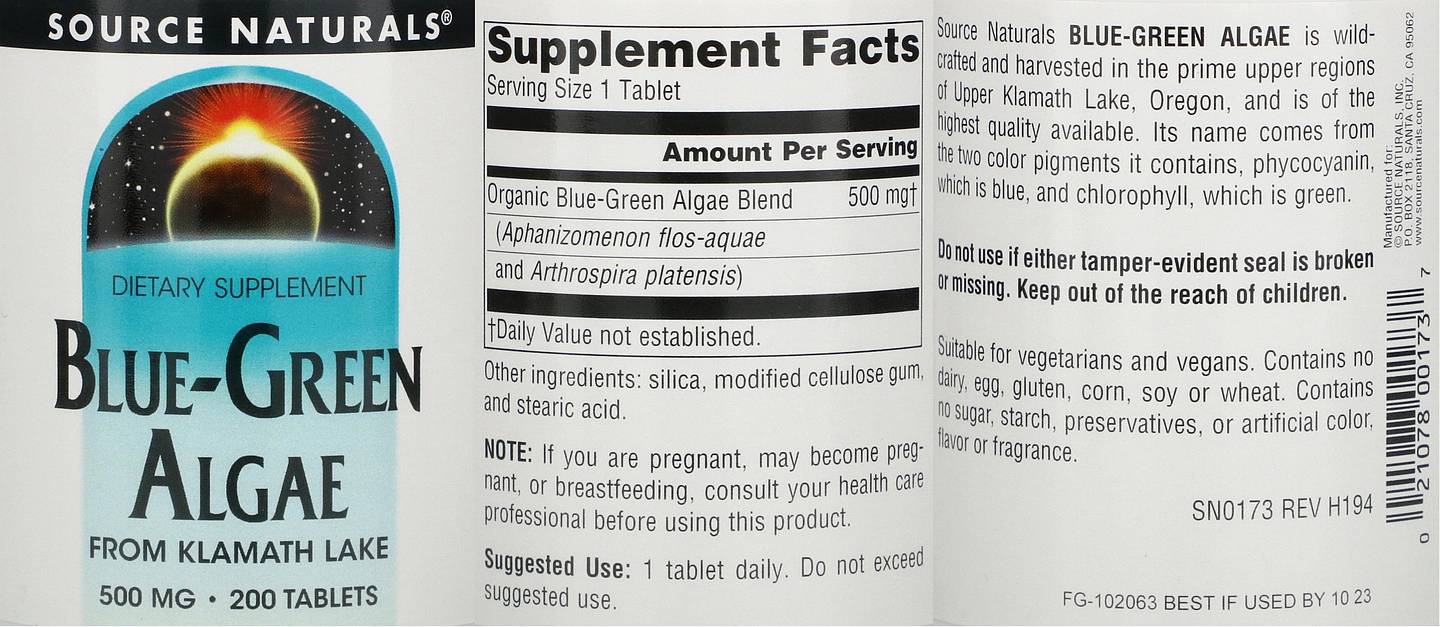 Source Naturals, Blue-Green Algae label