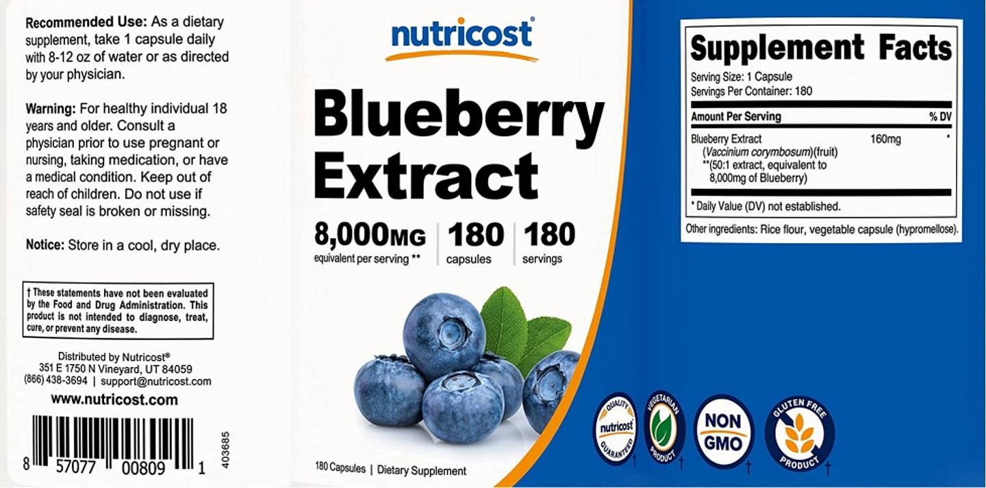 Nutricost, Blueberry Extract label