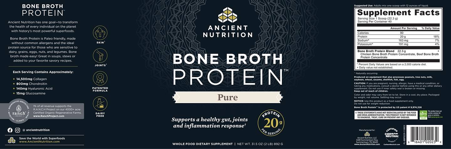 Ancient Nutrition, Bone Broth Protein, Pure label