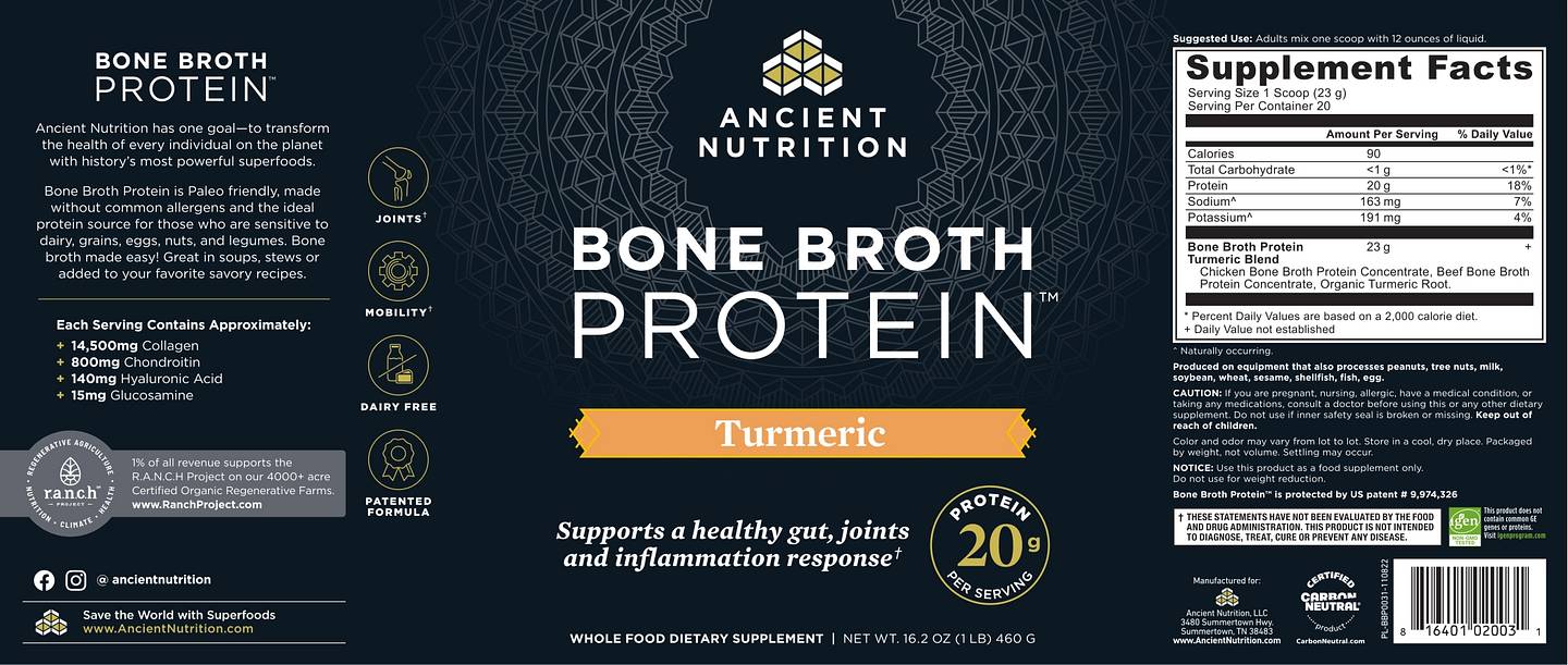 Ancient Nutrition, Bone Broth Protein, Turmeric label