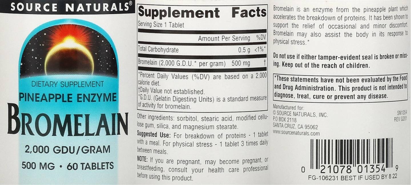 Source Naturals, Bromelain 2,000 GDU/Gram label