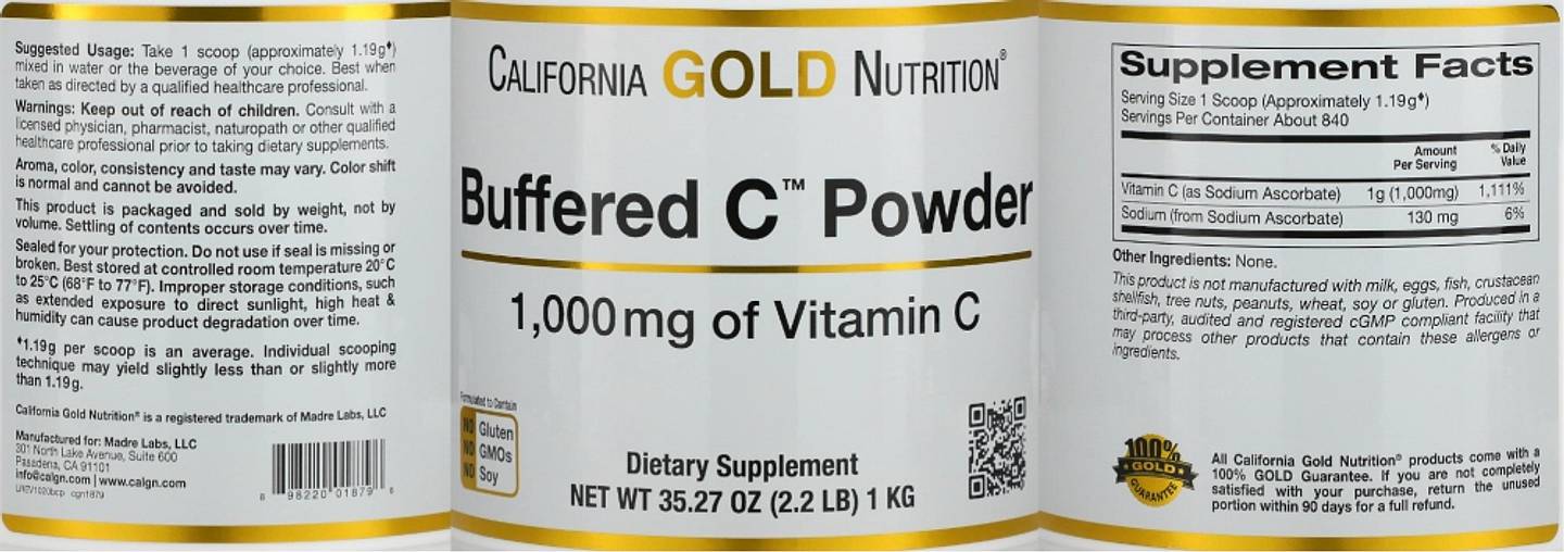 California Gold Nutrition, Buffered Gold C, Non-Acidic Vitamin C Powder, Sodium Ascorbate label