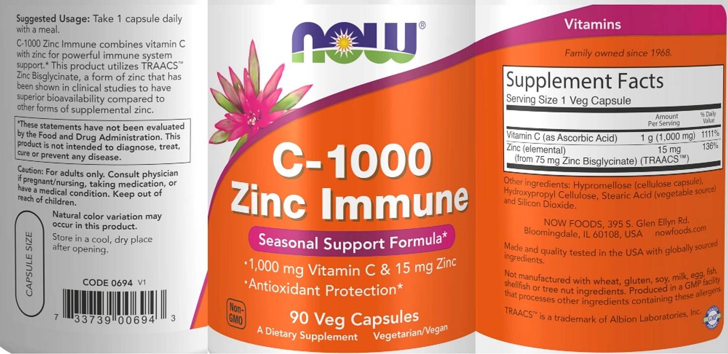 NOW Foods, C-1000 Zinc Immune label