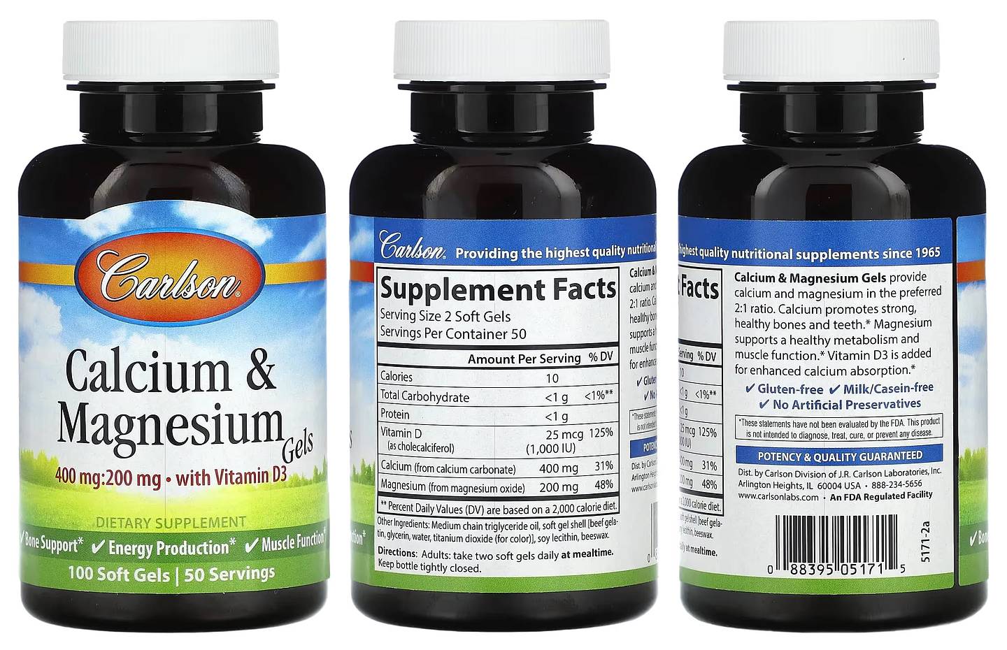 Carlson, Calcium & Magnesium Gels With Vitamin D3 packaging