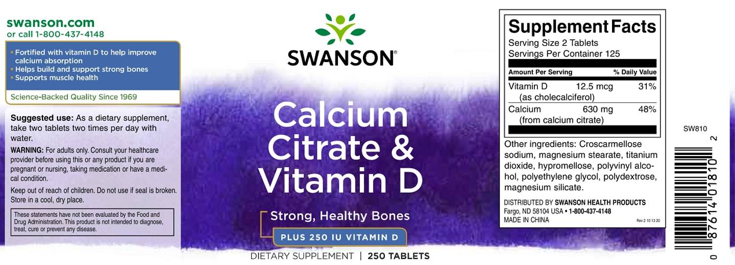 Swanson, Calcium Citrate & Vitamin D label