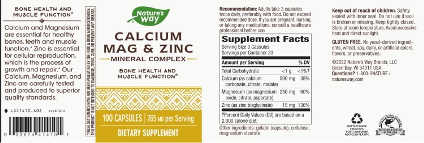 Nature's Way, Calcium Mag & Zinc Mineral Complex label