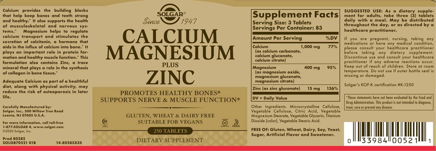 Solgar, Calcium Magnesium Plus Zinc label