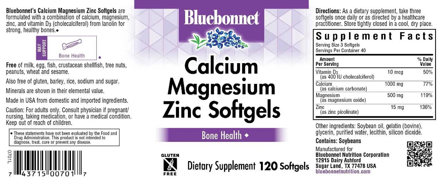 Bluebonnet Nutrition, Calcium Magnesium Zinc label