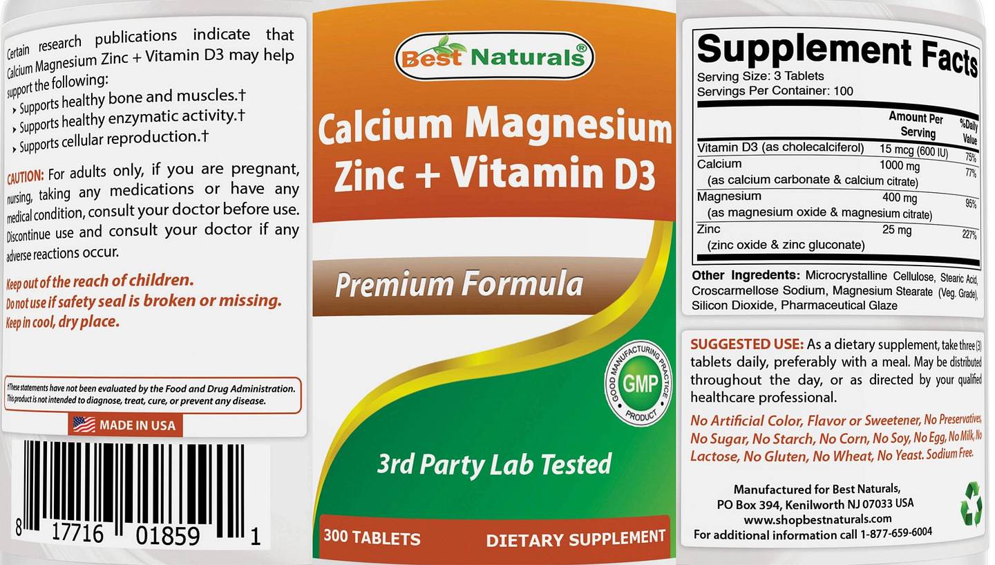 Best Naturals, Calcium Magnesium Zinc + Vitamin D3 label