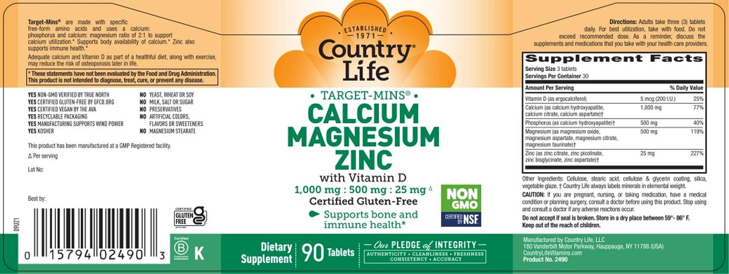 Country Life, Calcium Magnesium Zinc with Vitamin D label