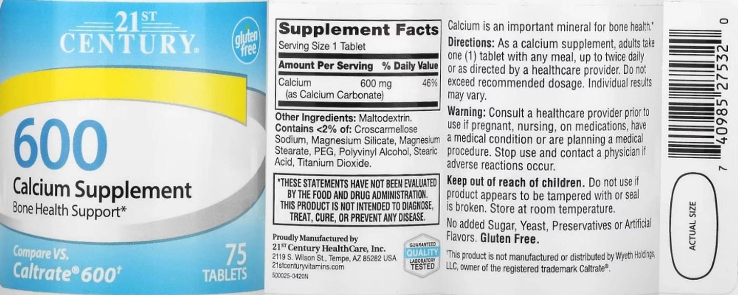 21st Century, Calcium Supplement 600 label