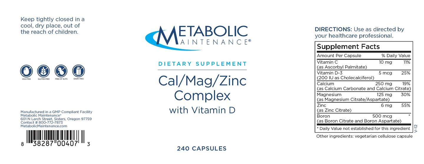 Metabolic Maintenance, Cal/Mag/Zinc Complex with Vitamin D label