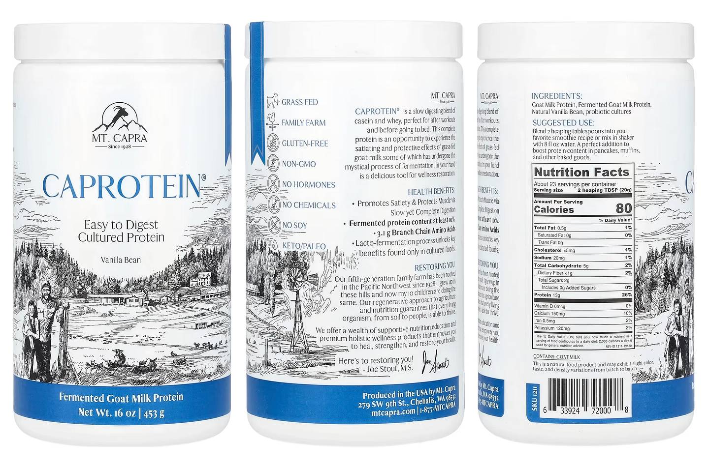 Mt. Capra, Caprotein, Fermented Goat-Milk Protein, Vanilla Bean packaging