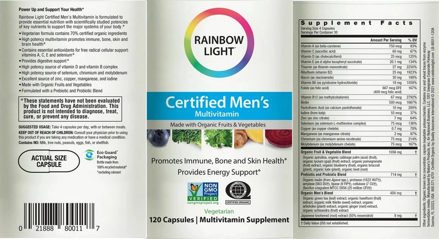 Rainbow Light, Certified Men's Multivitamin label