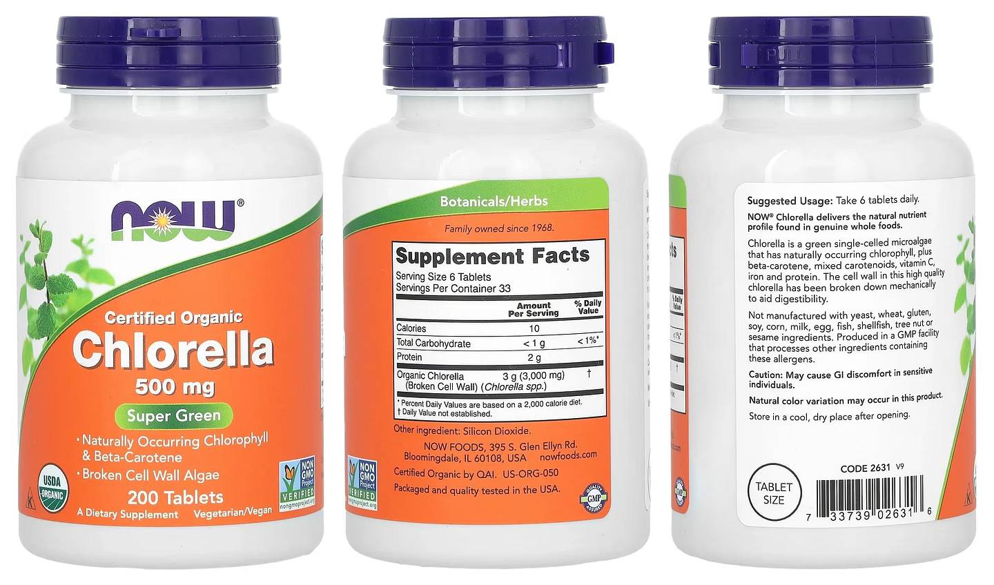 NOW Foods, Certified Organic Chlorella packaging