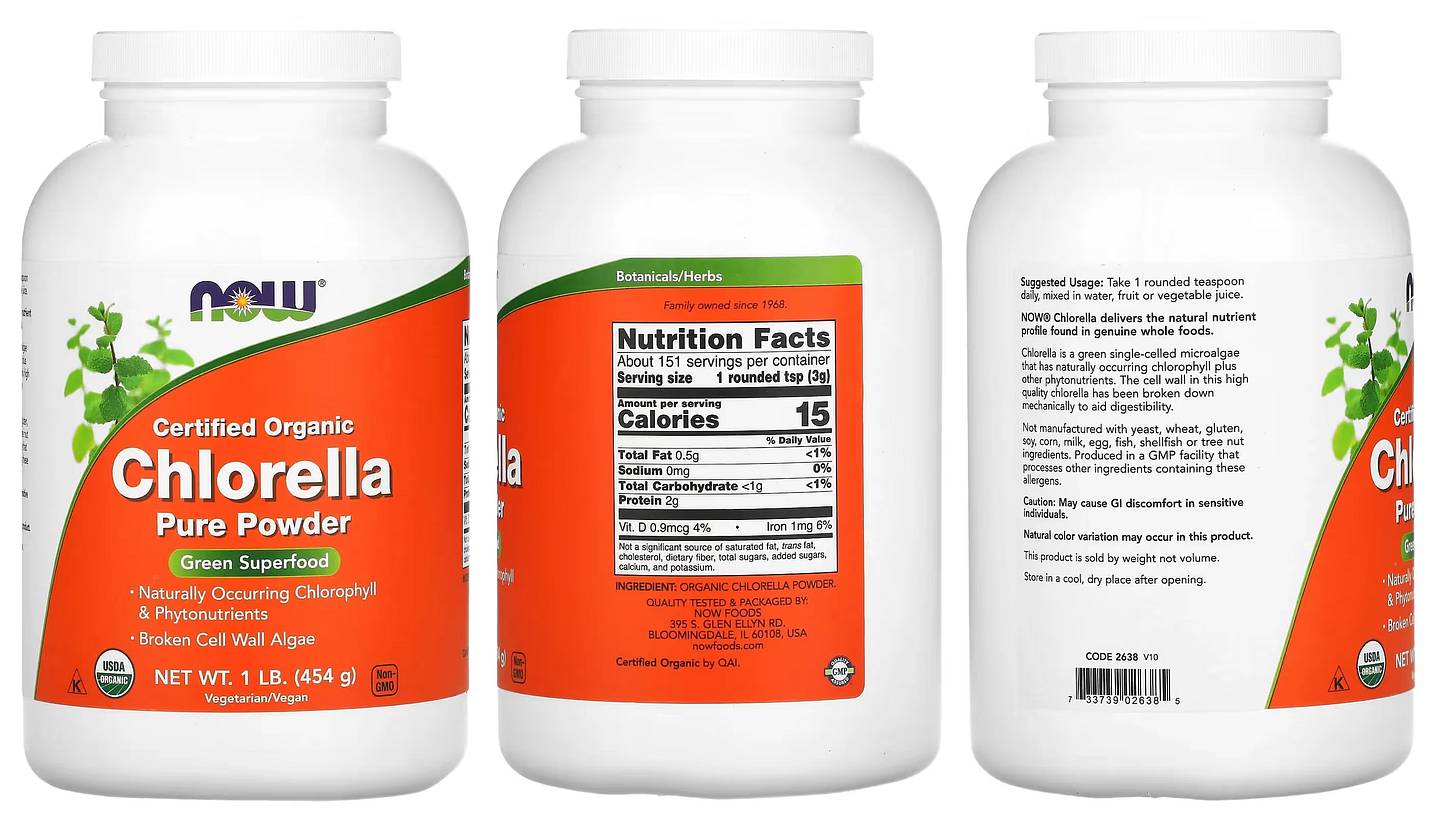 NOW Foods, Certified Organic Chlorella, Pure Powder packaging