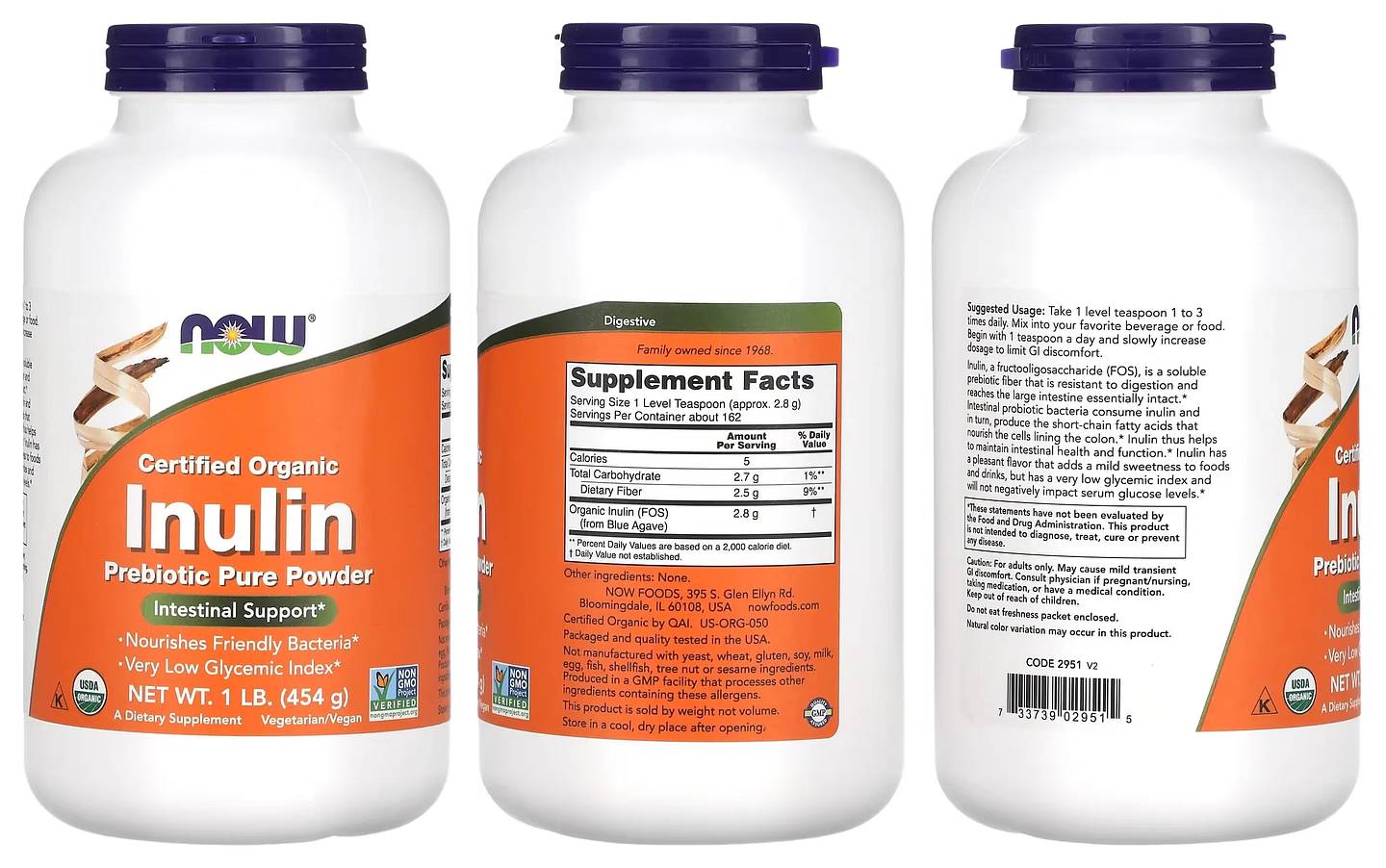 NOW Foods, Certified Organic Inulin, Prebiotic Pure Powder packaging