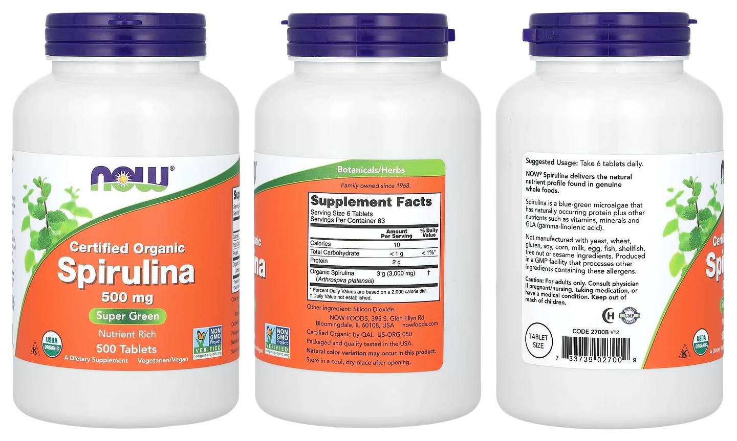 NOW Foods, Certified Organic Spirulina packaging