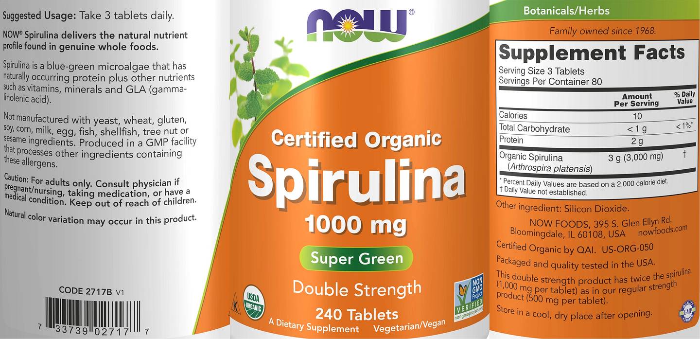 NOW Foods, Certified Organic Spirulina label