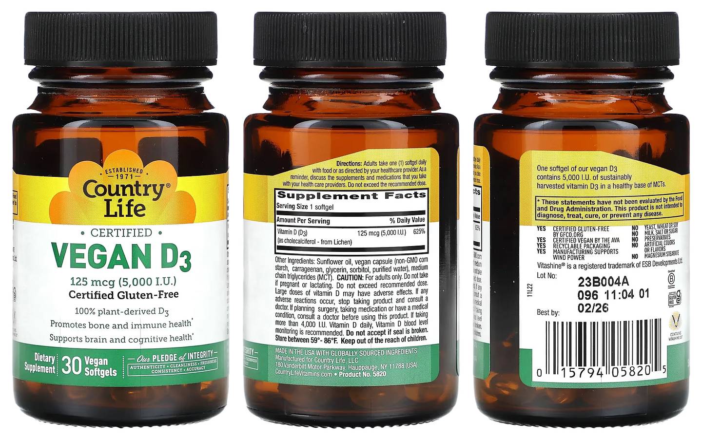 Country Life, Certified Vegan D3, 125 mcg (5,000 IU) packaging