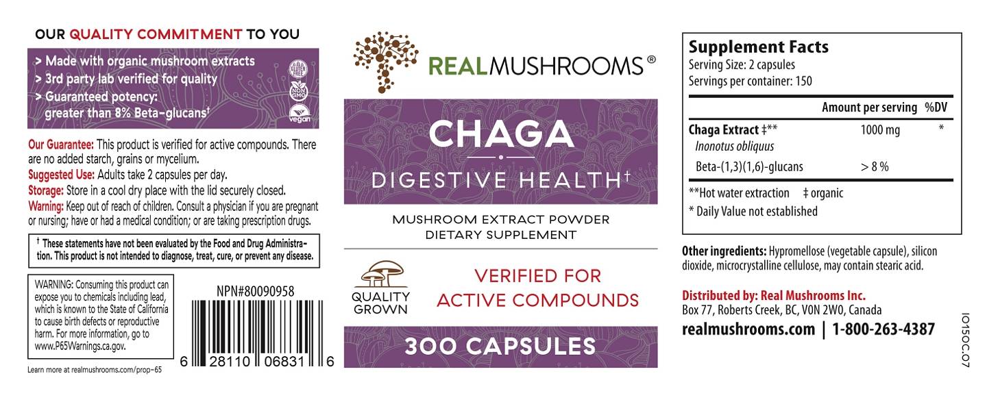 Real Mushrooms, Chaga, Mushroom Extract Powder label