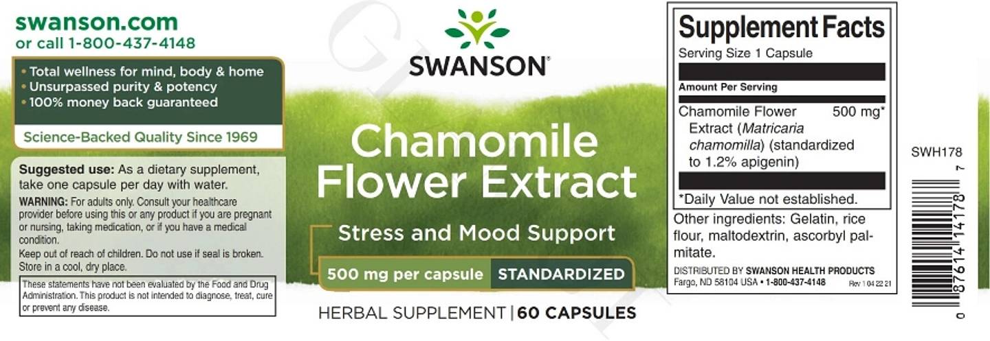 Swanson, Chamomile Flower Extract, Standardized, 500 mg label