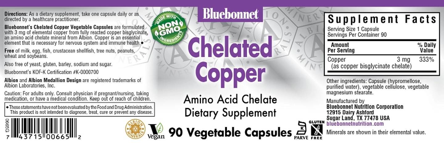 Bluebonnet Nutrition, Chelated Copper label