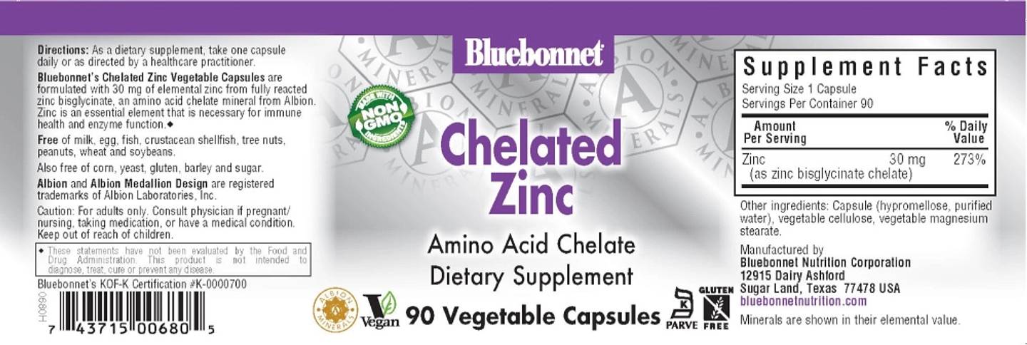 Bluebonnet Nutrition, Chelated Zinc label