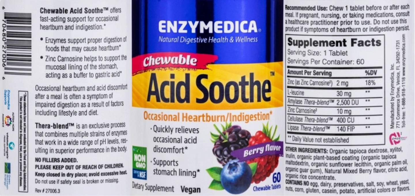 Enzymedica, Chewable Acid Soothe label