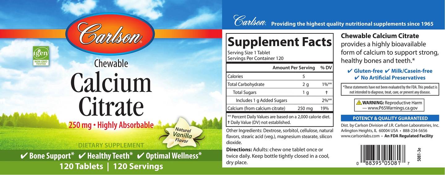 Carlson, Chewable Calcium Citrate label