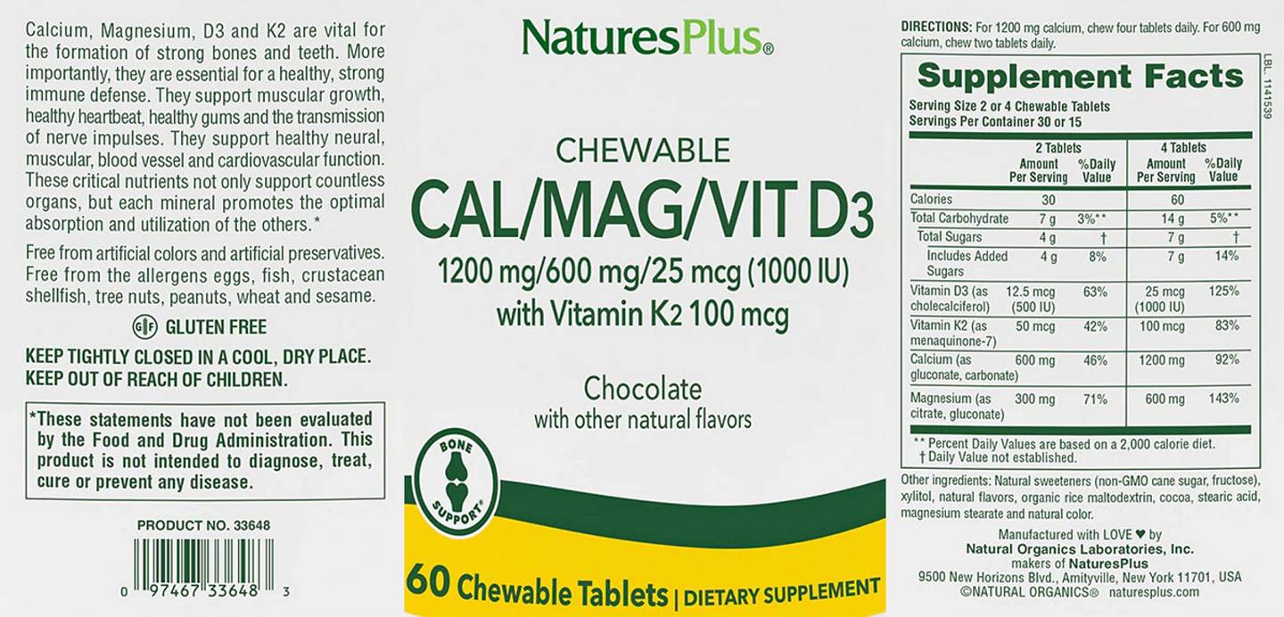 NaturesPlus, Chewable Cal/Mag/Vit D3, Chocolate label